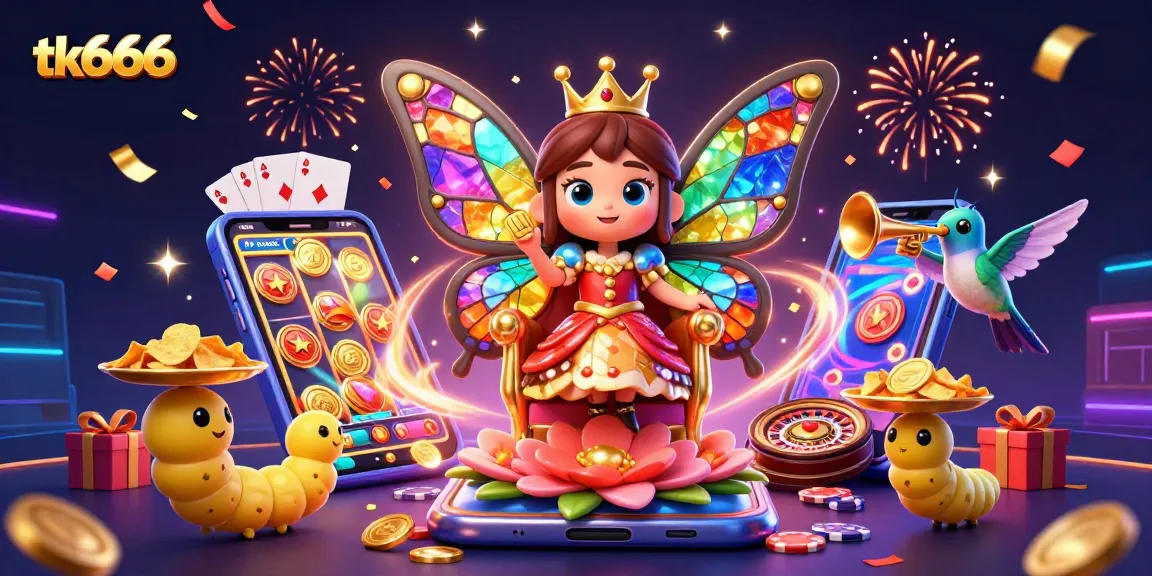 Experience the excitement of tk666 with vibrant casino elements and a dynamic butterfly queen illustration.