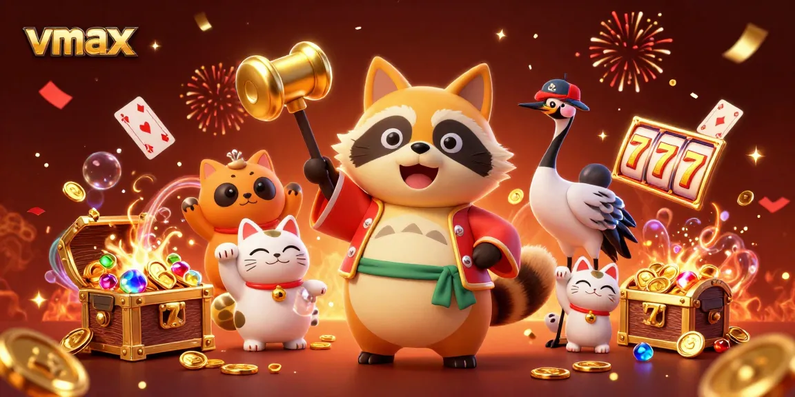 Experience exciting vmax casino games with animated characters celebrating and showcasing jackpots and lucky moments.
