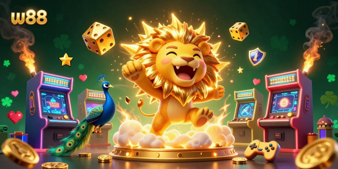 Cá cược tại w88 với hình ảnh sống động 3D về chú sư tử rực rỡ với các linh vật casino đầy hấp dẫn.