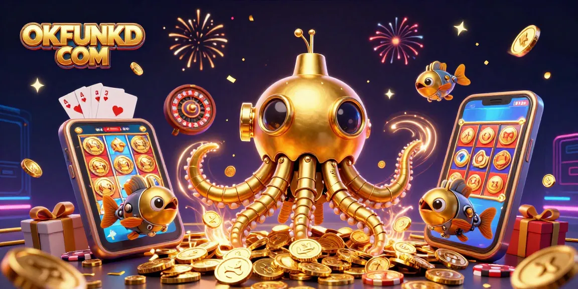 Experience thrilling games with OKFUNKD COM's 3D casino adventure illustration featuring golden kraken and slot games.