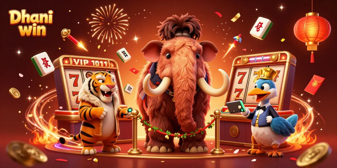 Dhani win platform showcases thrilling slot games with a woolly mammoth checking IDs at the entrance.