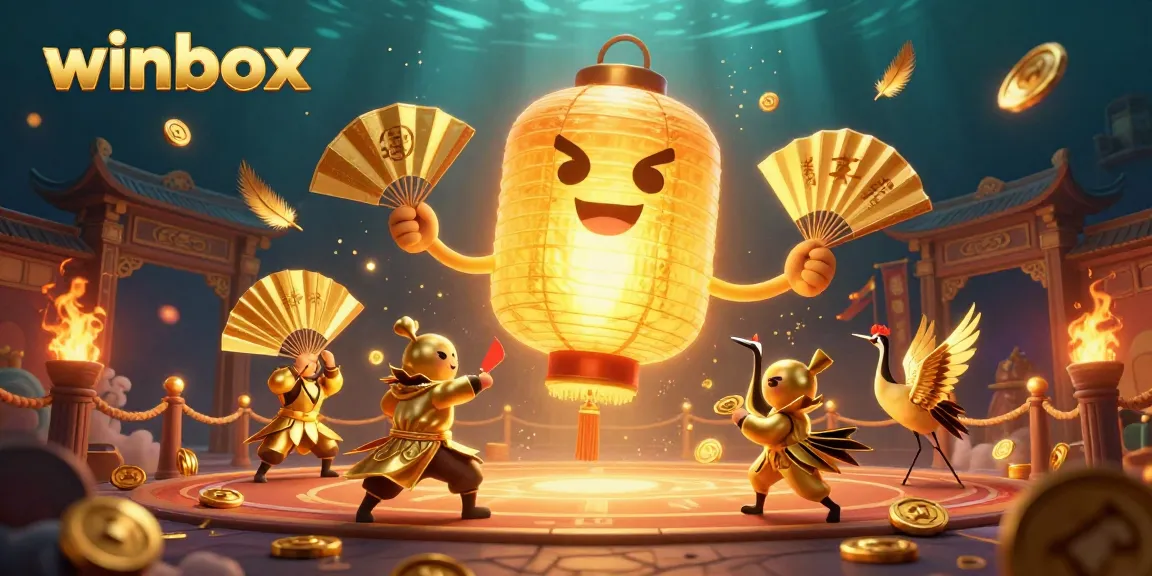 Winbox features a vibrant 3D casino illustration showcasing gaming excitement with golden lanterns and warrior elements.