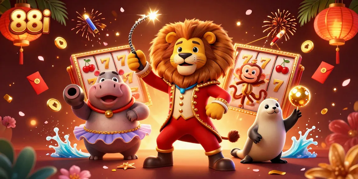 Witness excitement at 88i as a lion, hippo, and monkey engage in thrilling casino games.
