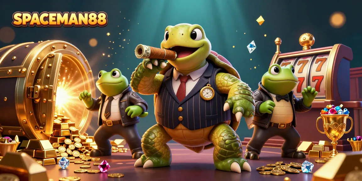 Experience SPACEMAN88 as a vibrant 3D casino scene where a snapping turtle and bullfrog enforcers showcase luck and winning strategies.